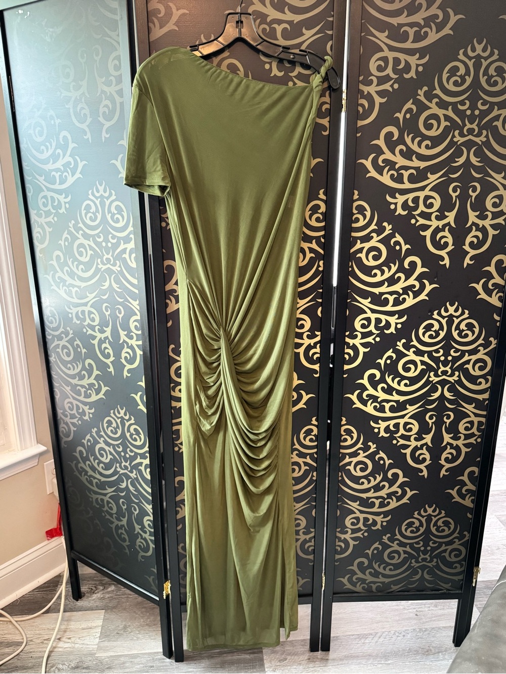 Fashion Nova Olive One-Shoulder Ruched Maxi Dress
